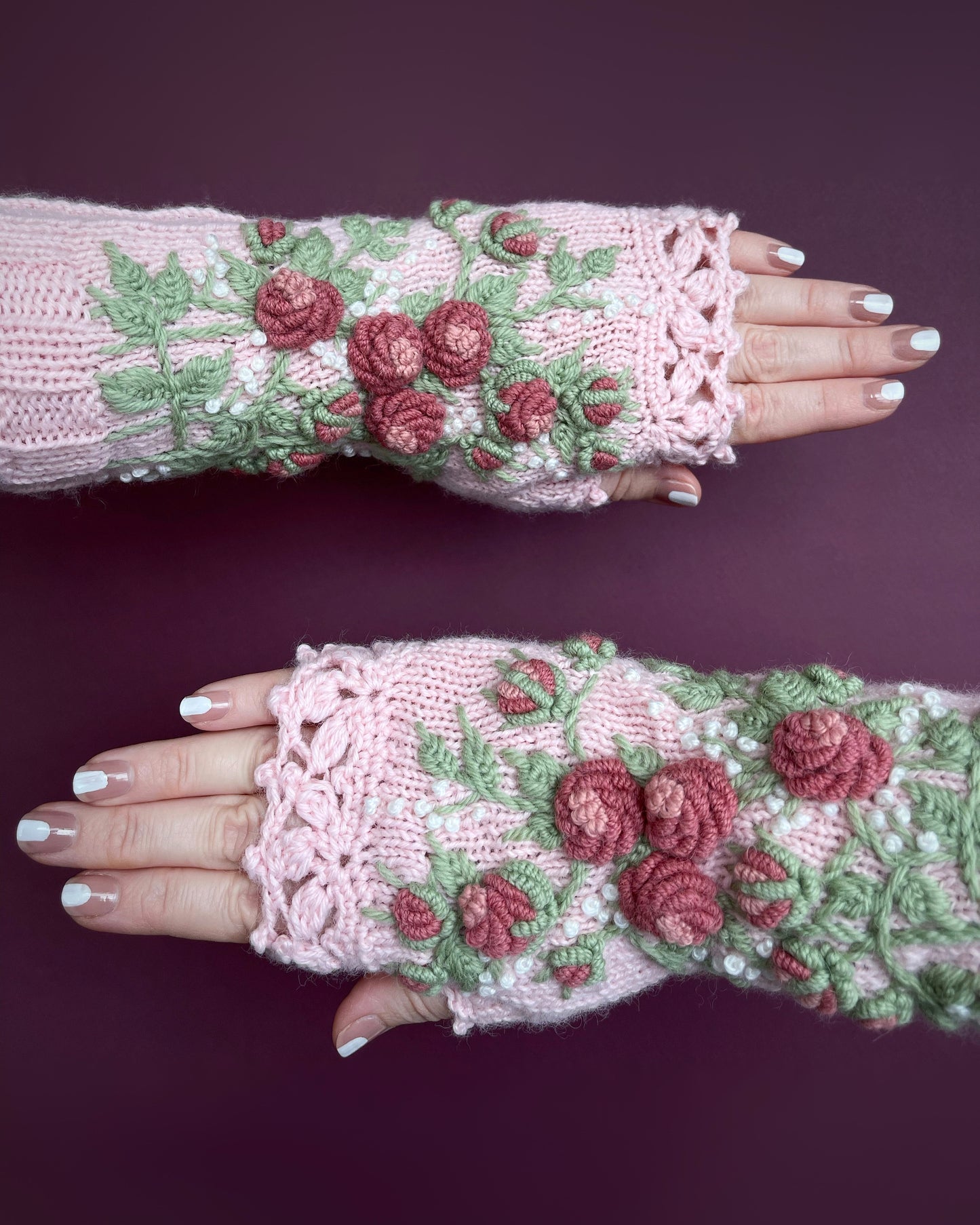 Long pink fingerless gloves with embroidered pink roses