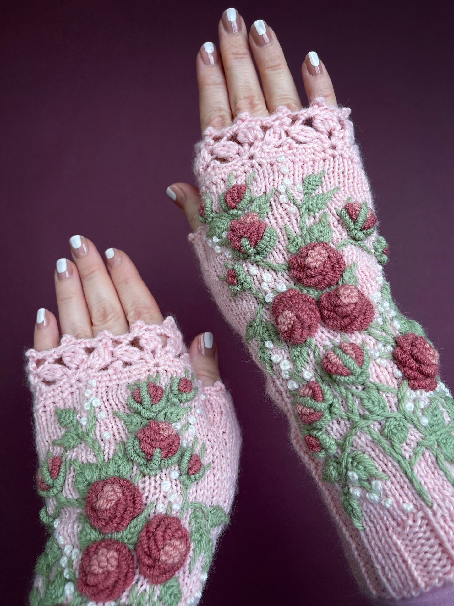Long pink fingerless gloves with embroidered pink roses