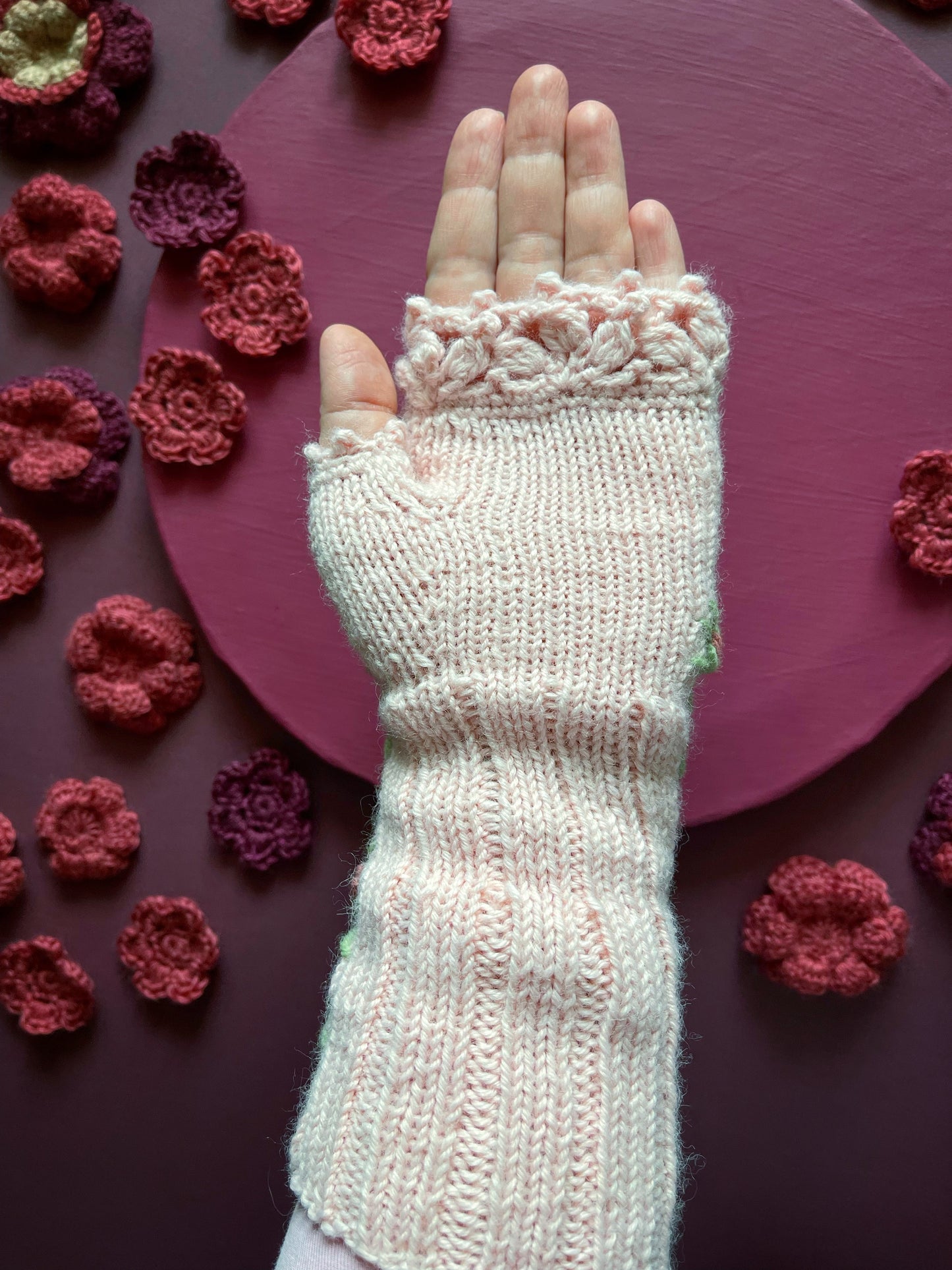 Long pink fingerless gloves with embroidered pink roses