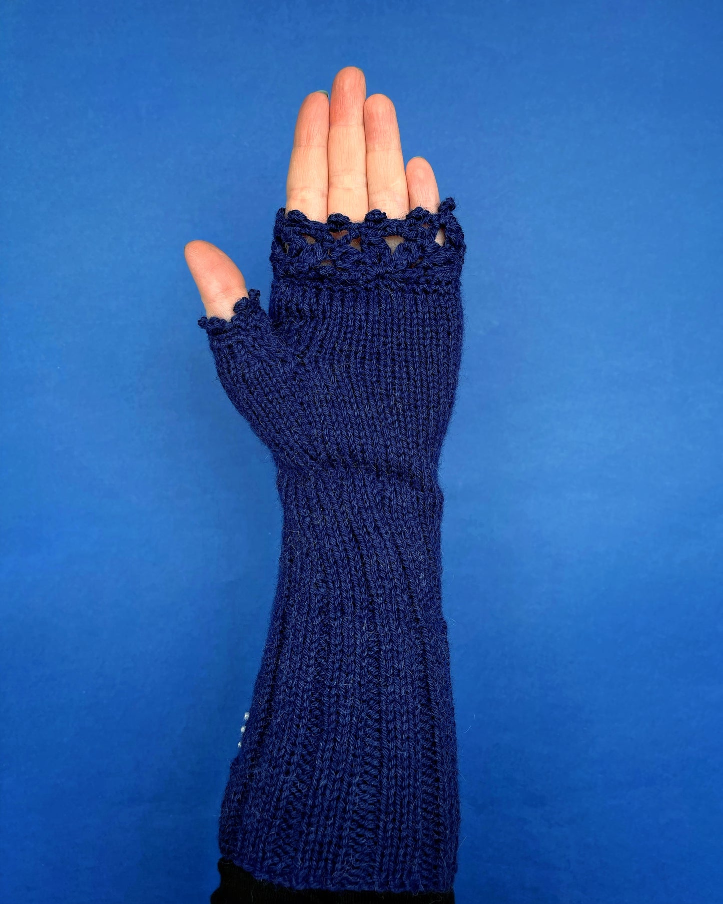 Long navy blue gloves with mother and baby whales