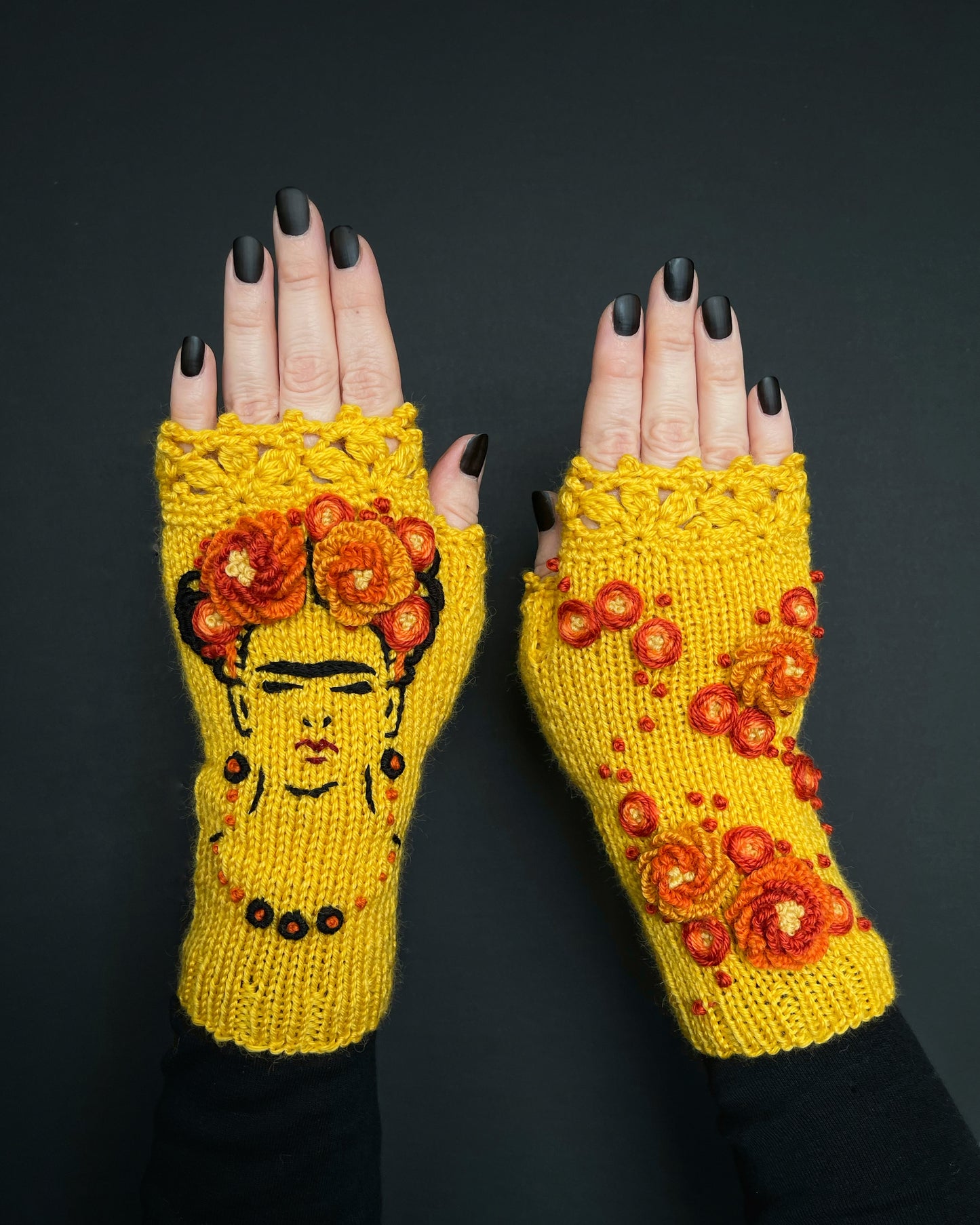 Yellow gloves with Frida Kahlo and embroidered flowers