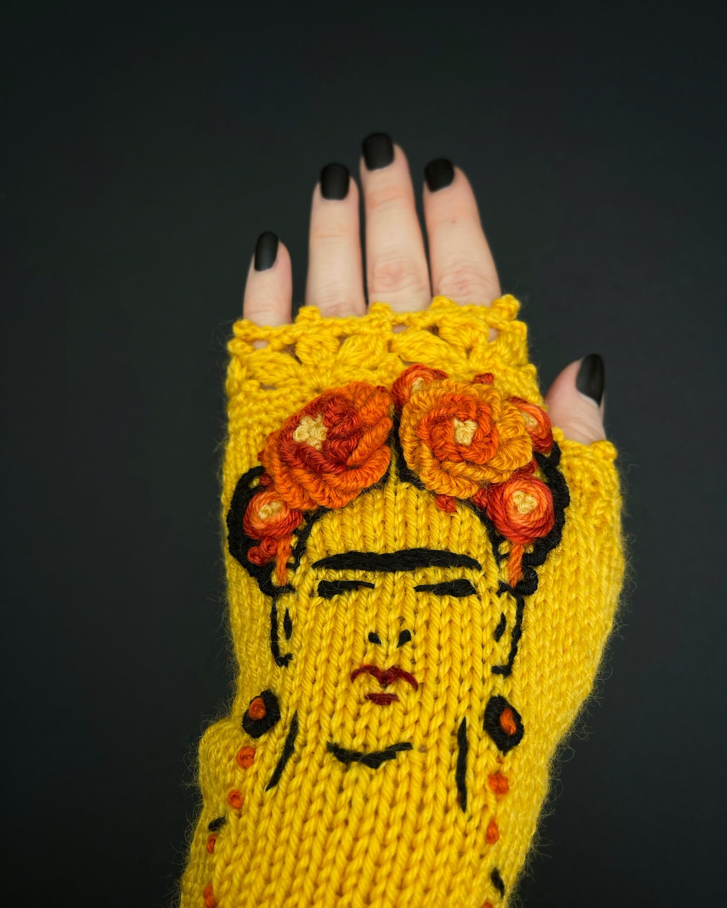 Yellow gloves with Frida Kahlo and embroidered flowers