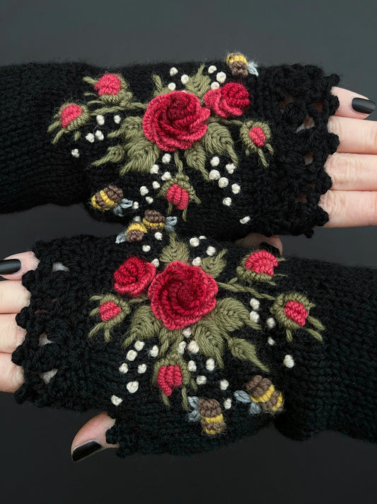 Black gloves with embroidered red roses and bees