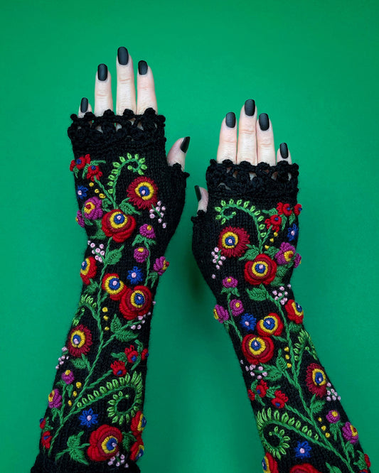 Black long gloves with floral ornament