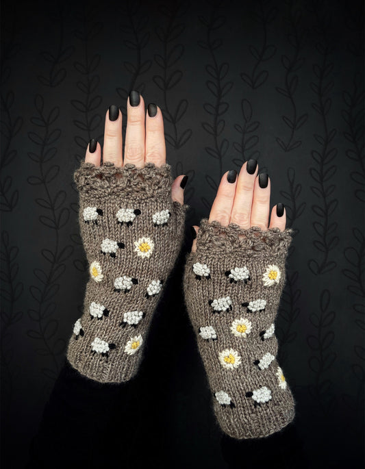 Brown fingerless gloves with sheep and daises