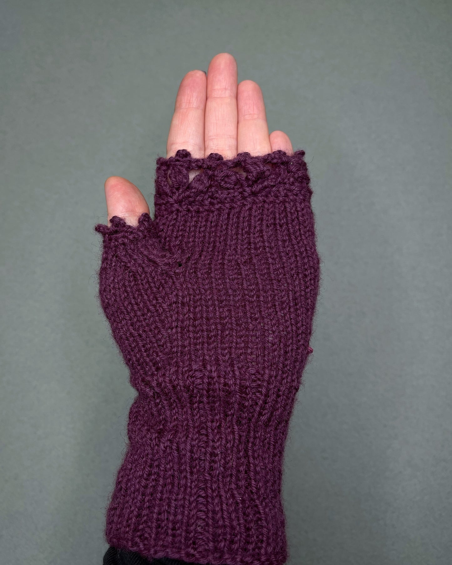 Purple gloves with lilacs and bees