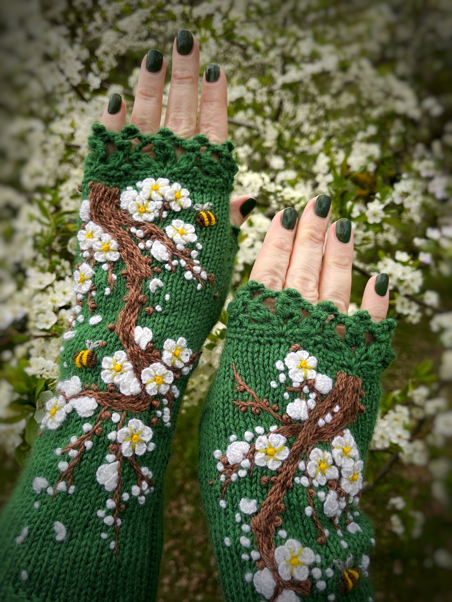 Long green gloves with sakura flowers