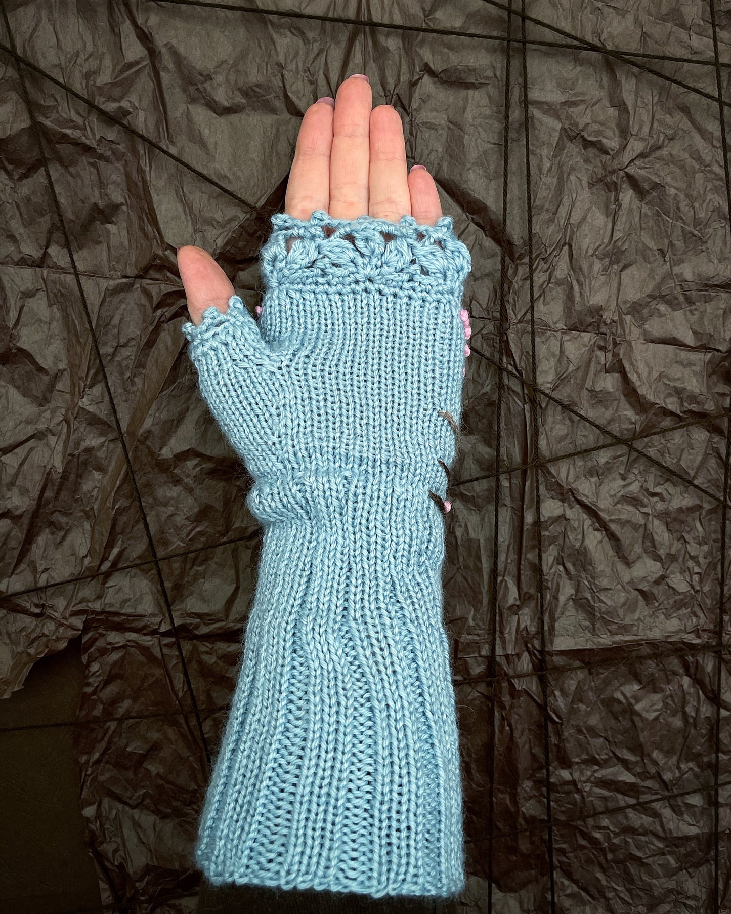 Light blue gloves with spring trees and pink sakura flowers