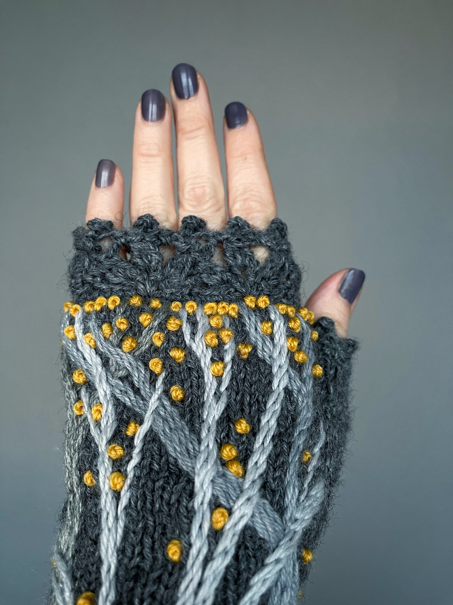 Long gray fingerless gloves with autumn trees and yellow leaves