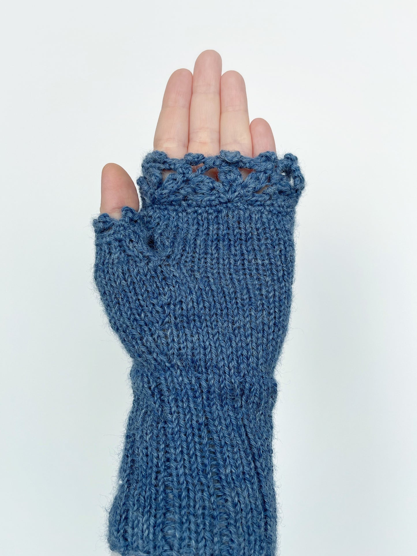 Denim blue embroidered gloves with snowflakes