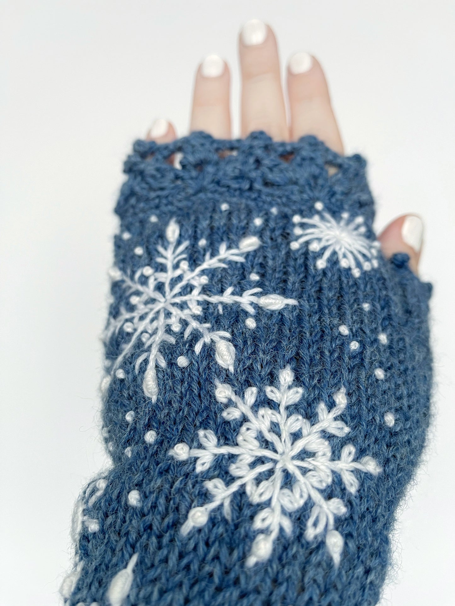 Denim blue embroidered gloves with snowflakes