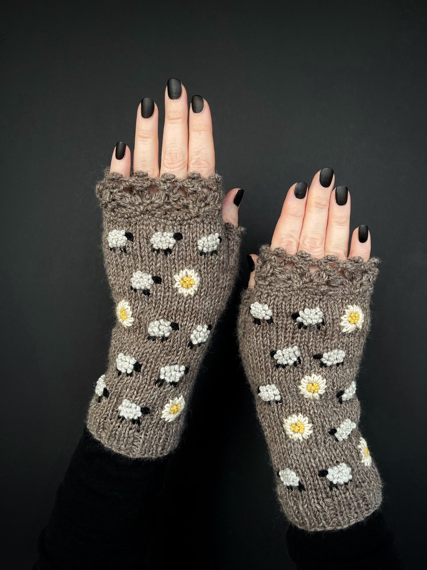 Brown embroidered fingerless gloves with sheep and daisies