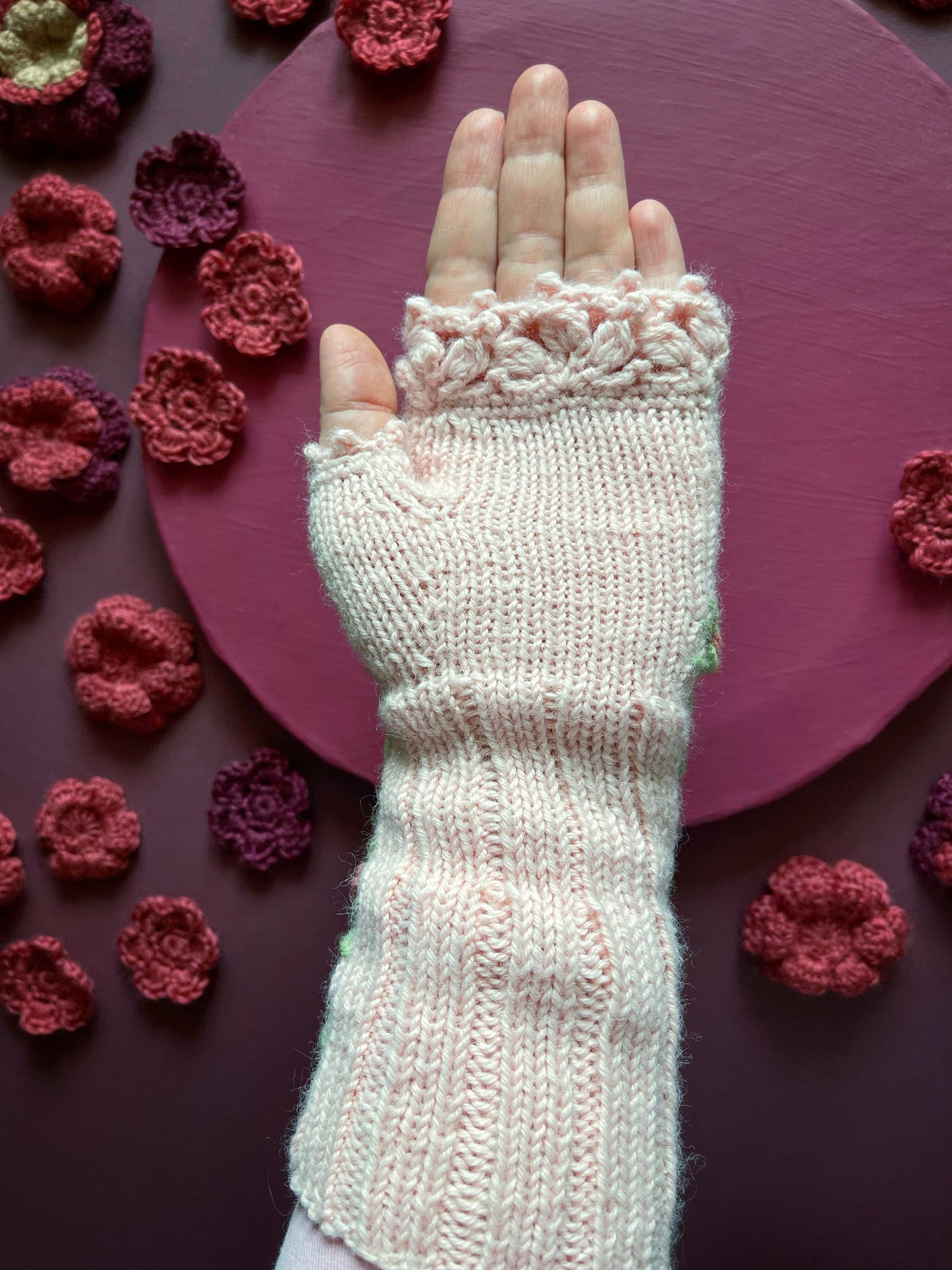 Long pink  fingerless gloves with embroidered pink roses