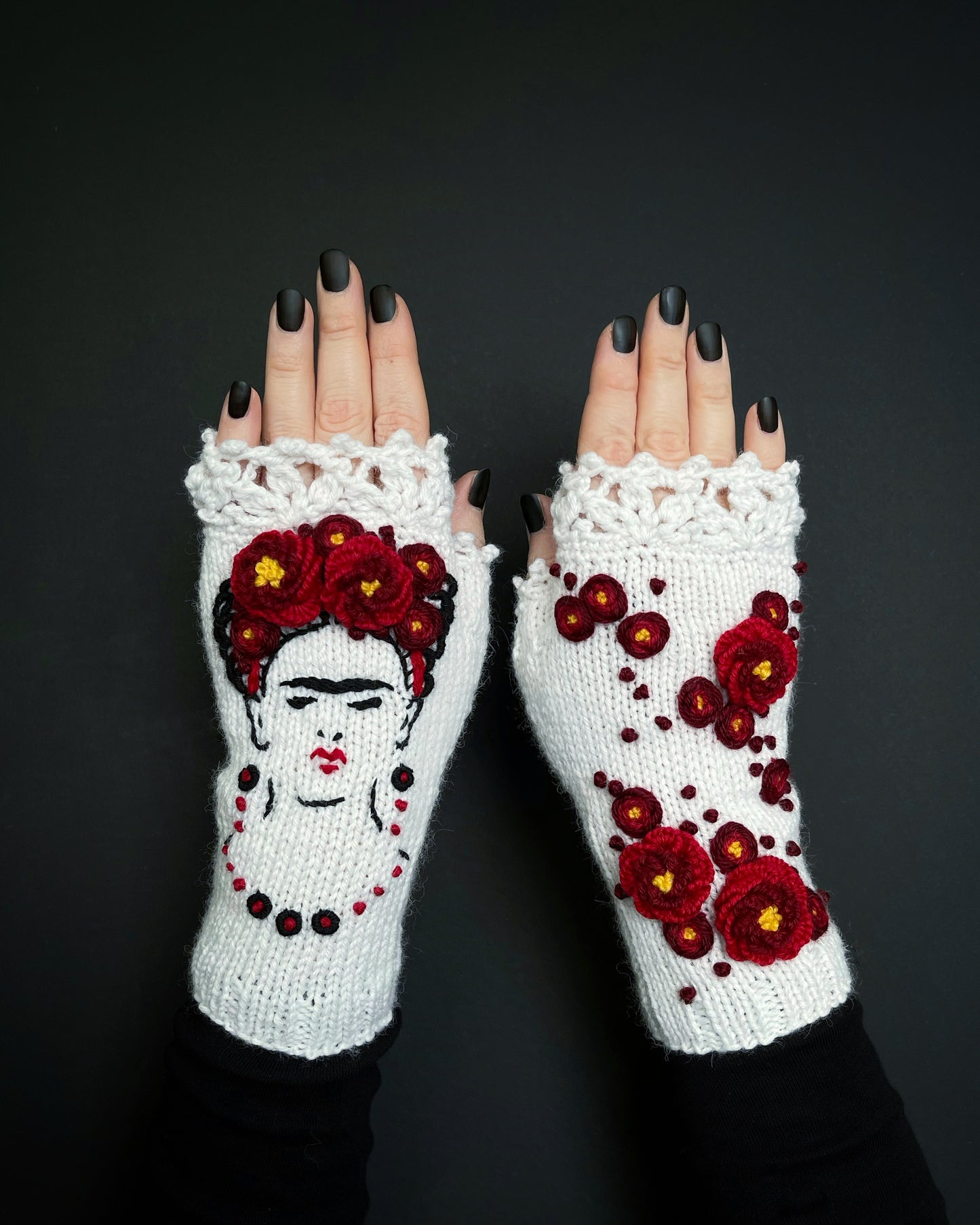 White gloves with Frida Kahlo and embroidered red flowers