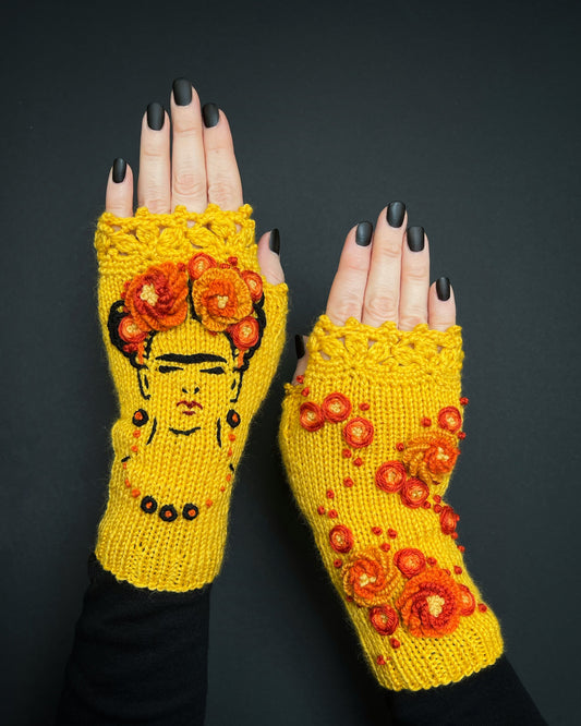 Embroidered Frida Kahlo gloves with orange lowers