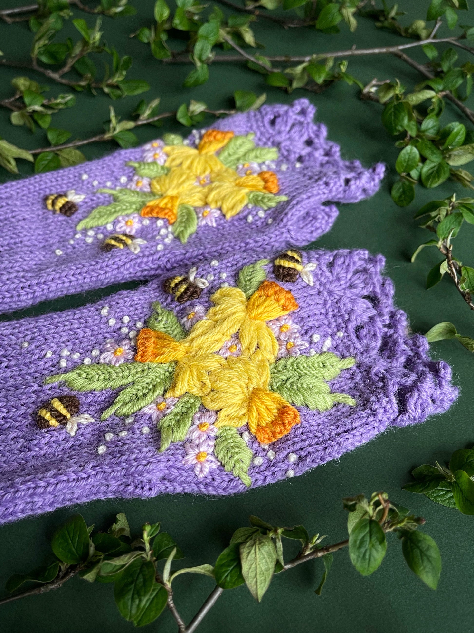 Embroidered lilac gloves with daffodils and bees